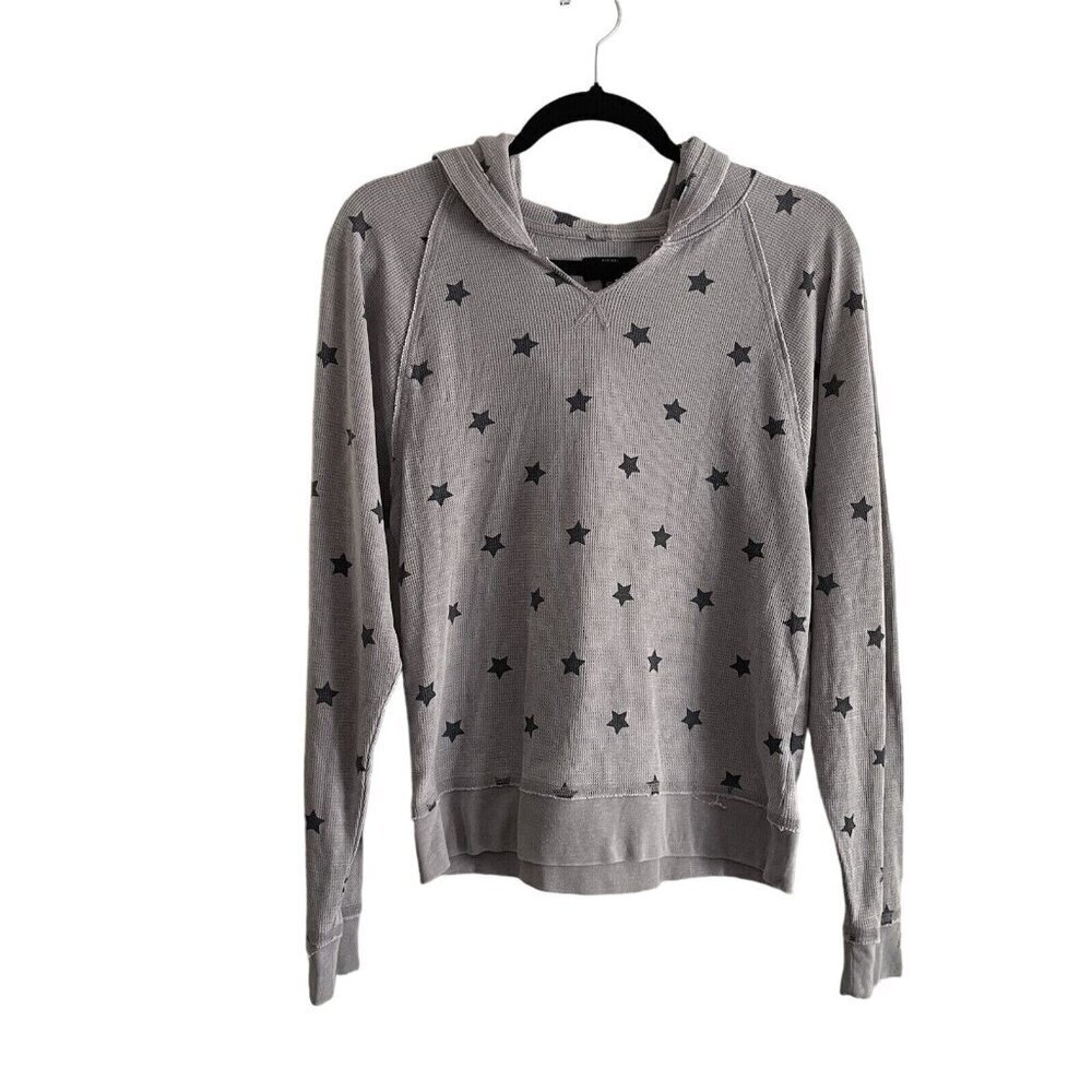 Lucky Brand Women S Gray/Black Star Pattern Hooded Waffle Knit L/S Pullover Top